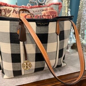 Tory Burch Black and Cream Checkered Tote